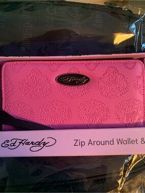 Ed Hardy Hot Pink Embossed Zip-Around Wallet only